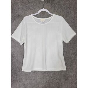 Jaclyn Smith Top Womens Sz Large‎ White Textured Stripes Semi Sheer Short Sleeve